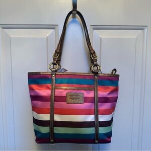 Coach Legacy Multicolor Stripe Sateen Tote Metallic Trim, F14009